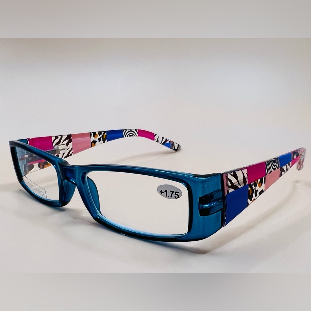 Aqua Geometric narrow readers w/spring hinges, stylish arms & Aspheric Lenses